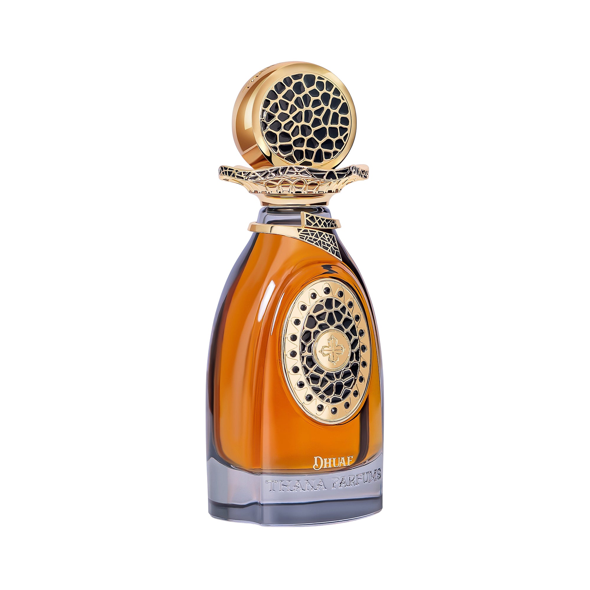 Amber liquid perfume in a curved glass bottle with a dark base. Gold-toned ornate cap with black patterned top and a matching