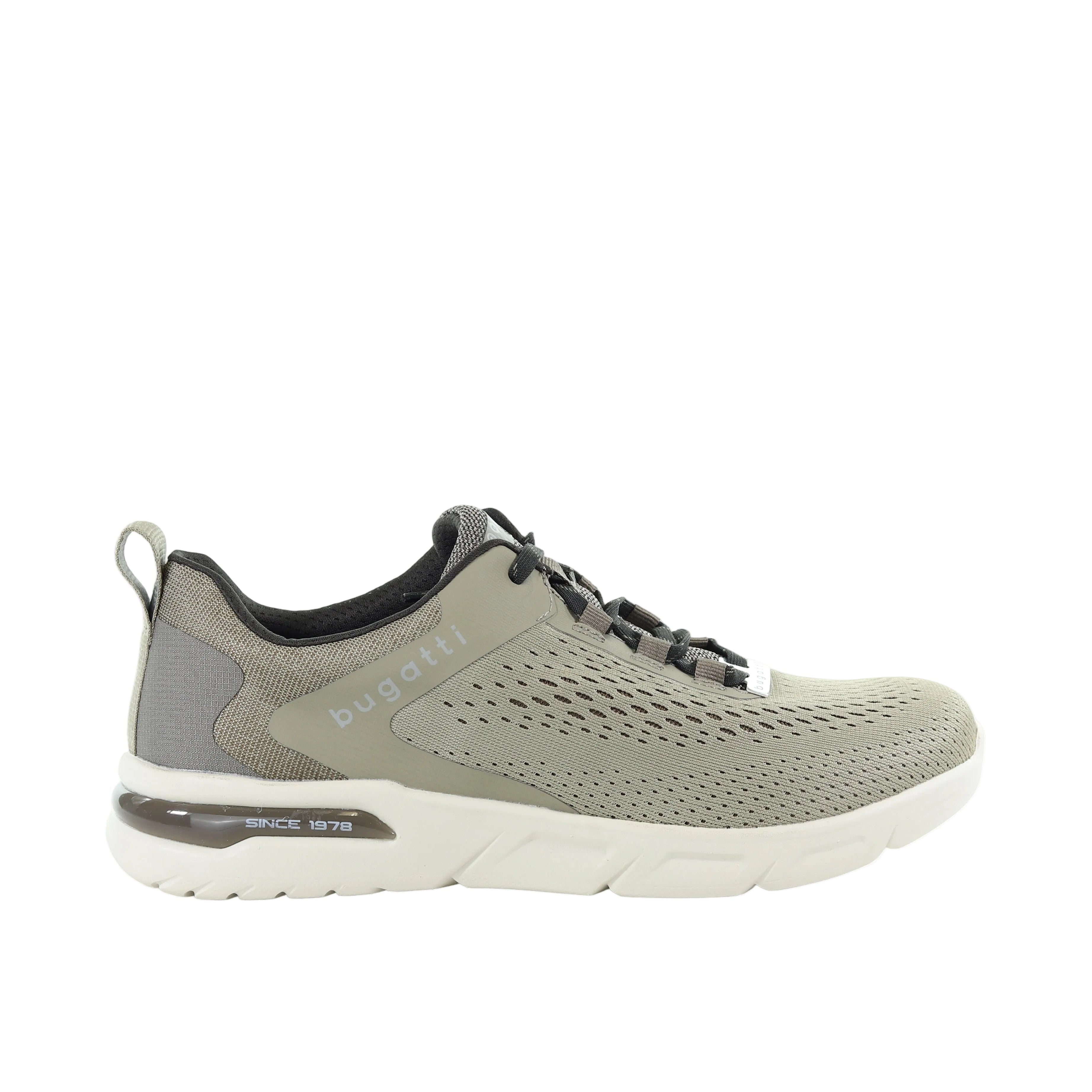 Taupe mesh low-top sneaker with dark grey laces, Bugatti logo, and a chunky off-white sole with a visible heel air cushion.