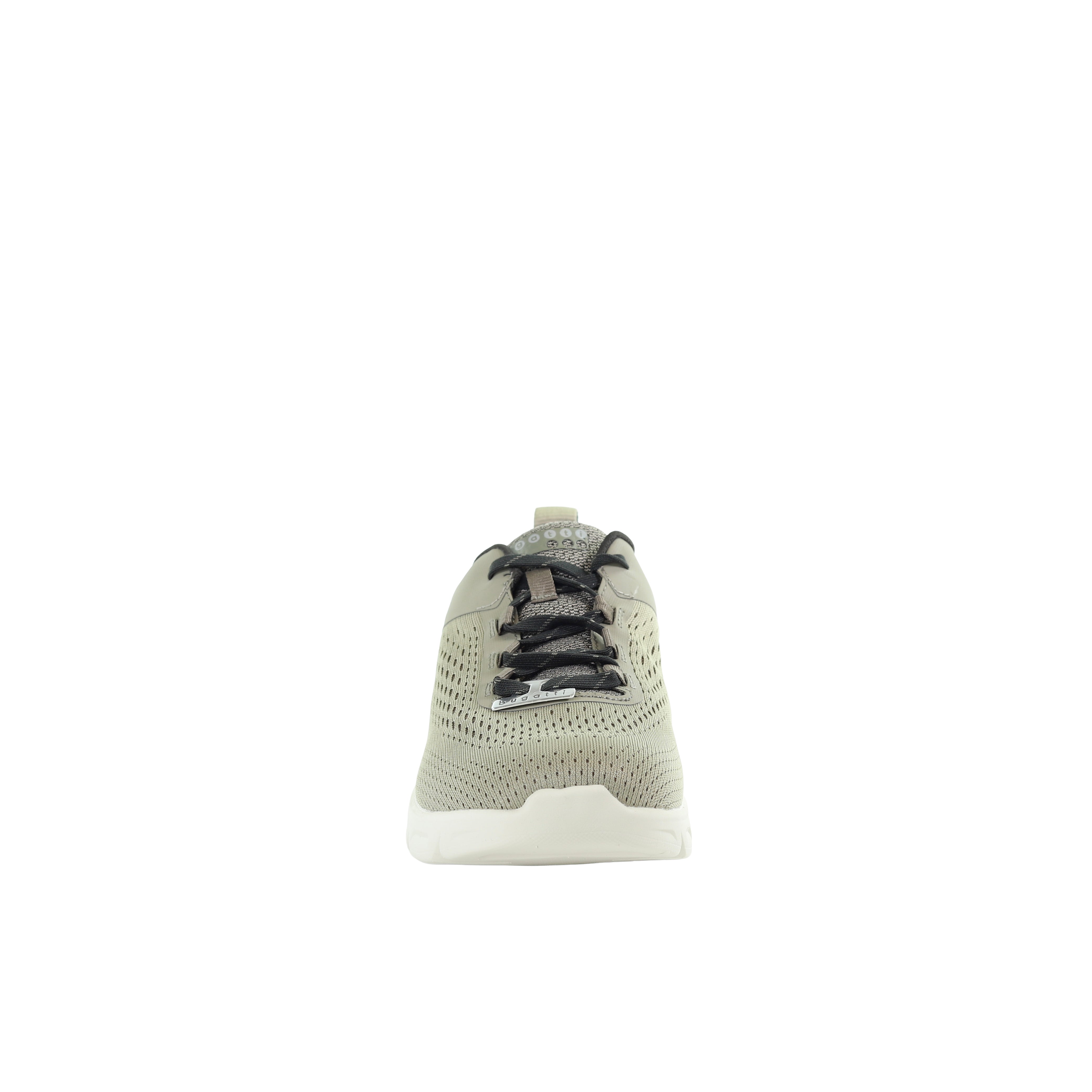 Front view of a light grey mesh low-top athletic sneaker with black laces, a small silver-toned detail, and a white sole.