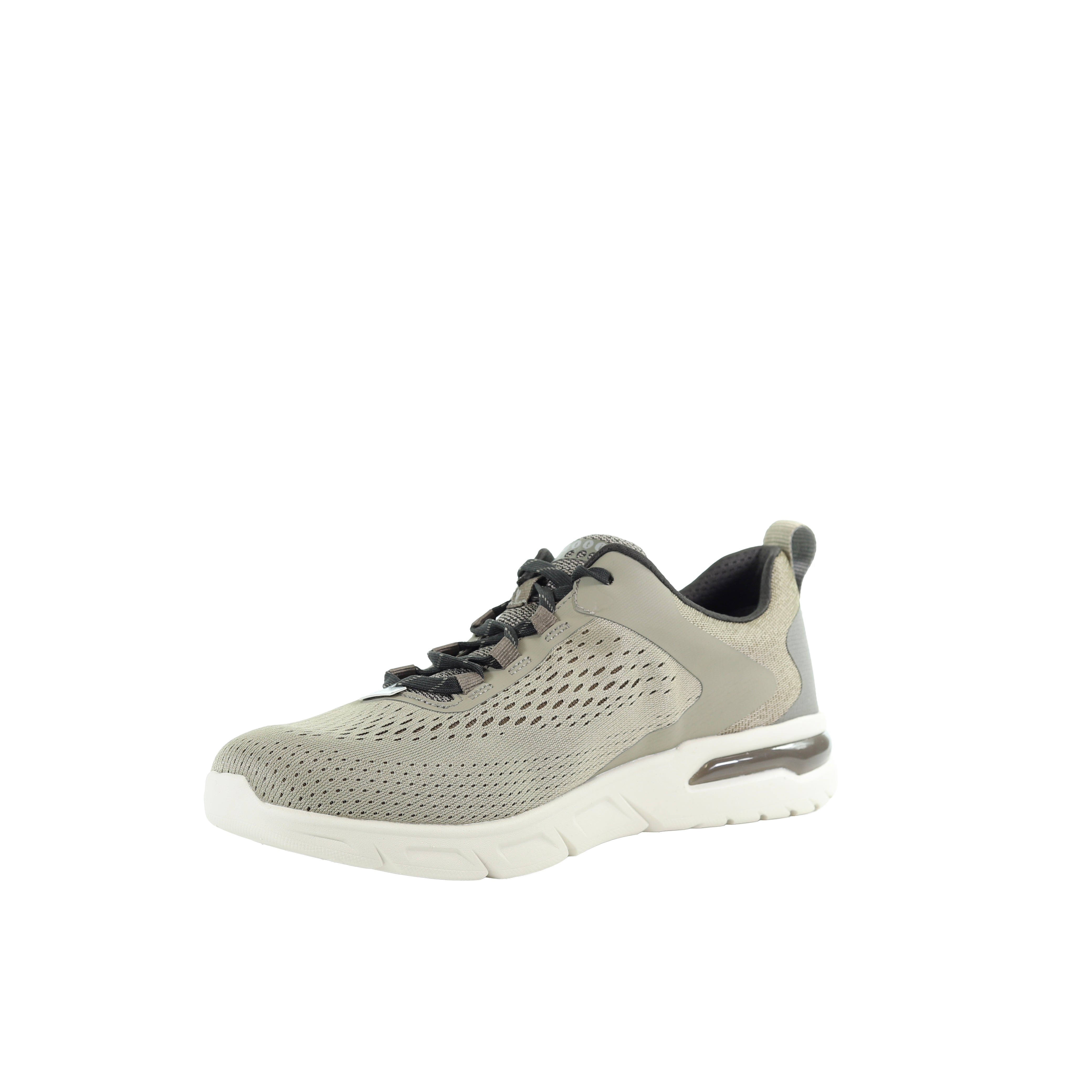 Taupe low-top athletic sneaker with perforated mesh upper, black laces, white sole, and a dark brown heel accent.