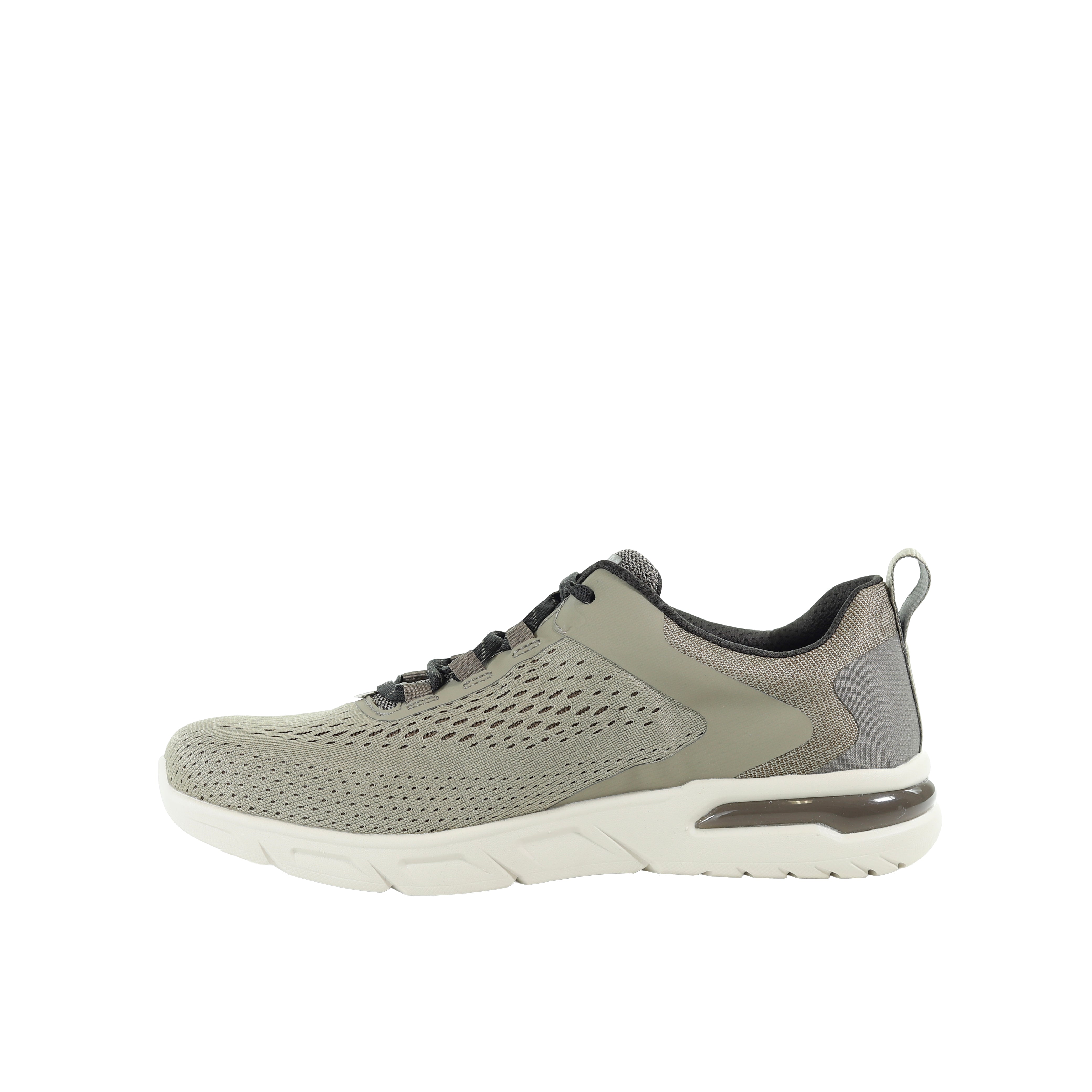 Taupe mesh low-top athletic sneaker with dark laces, padded collar, off-white sole, and dark brown heel detail.