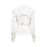 Close-up back view of the Tuba Ergin off-white tailored blazer, emphasizing the dramatic scoop cut-out back detailed with a fabric belt and an adjustable gold industrial-style buckle.