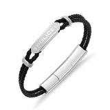 Black braided leather dual-cord bracelet with a silver-toned Police brand plaque and a cylindrical silver-toned clasp.