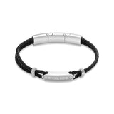 Black braided leather bracelet with a silver-toned curved bar clasp, a rectangular 'POLICE' plaque, and two textured silver-t