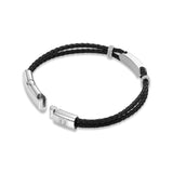 Black twin-cord braided leather bracelet with polished silver-tone stainless steel hook clasp (P logo), brushed plaque, and t