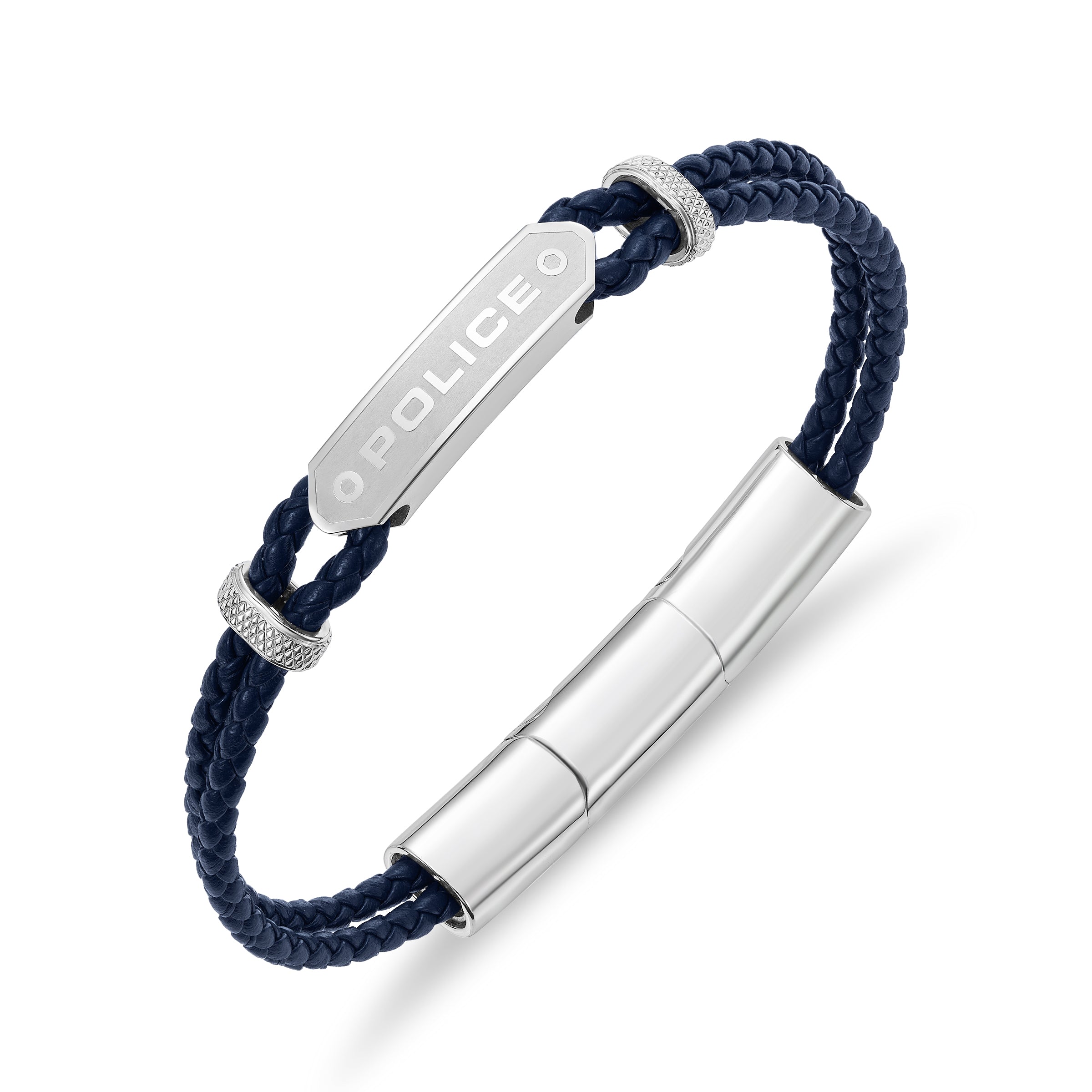 Navy braided leather bracelet with a silver-toned "POLICE" plaque, two crystal-paved silver-toned rings, and a silver-toned c
