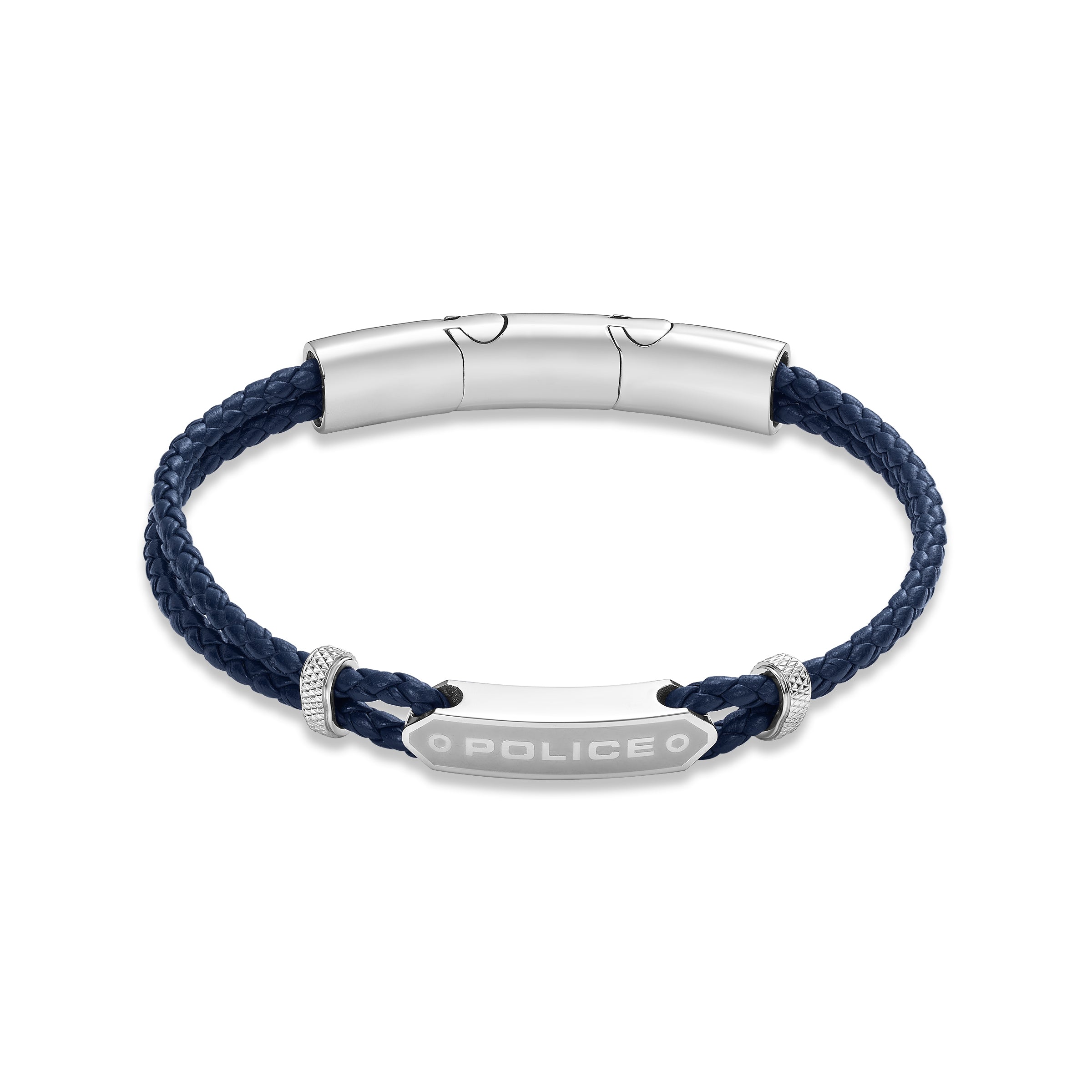 Police men's navy blue twin-cord braided leather bracelet with a silver-toned engraved plaque and cylindrical clasp.