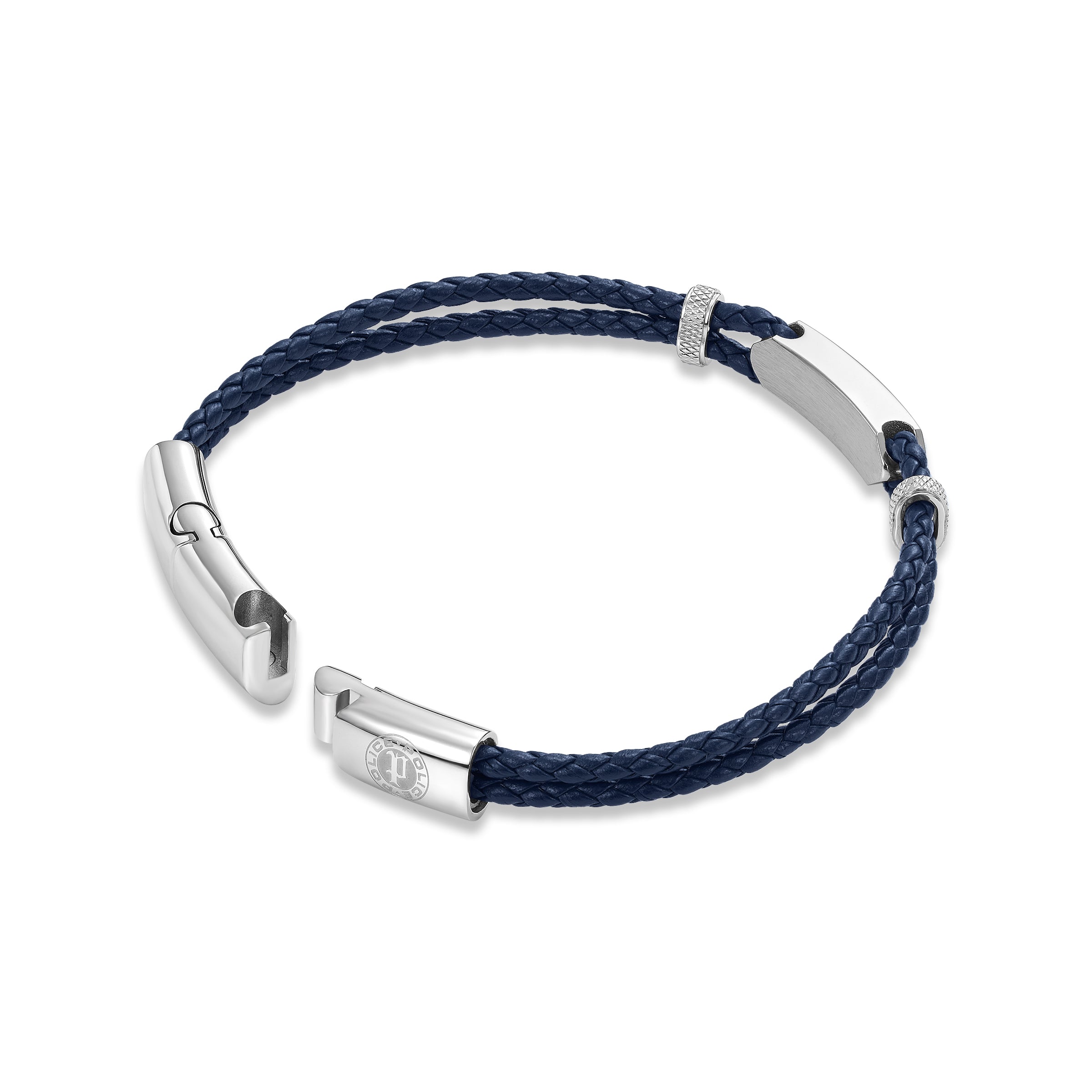Navy braided leather bracelet with silver-toned hook clasp featuring a Police logo, a rectangular plaque, and two textured ri