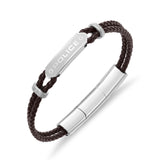 Police men's dark brown dual braided leather bracelet with a silver-toned engraved plaque, embellished rings, and cylindrical