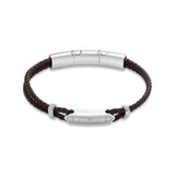 Double-strand dark brown braided leather bracelet with a silver-toned magnetic clasp, a silver-toned plaque engraved with "PO