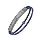 Police men's bracelet with a gunmetal grey segmented bar, blue and black braided leather cord, and a blue enamel 'P' logo bea