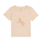 Ivory short-sleeved baby t-shirt with a crew neck and two shoulder snap buttons. Features a central light brown rearing horse