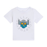 White short-sleeved baby t-shirt with a blue and yellow stylised skull graphic print on the front.