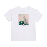 White short-sleeved T-shirt with a square graphic print of a bunny character and "STELLA MCCARTNEY 2001." text.