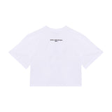 White short-sleeved T-shirt with 'STELLA MCCARTNEY 2001.' text printed on the front