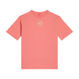 Pink crew neck t-shirt with short sleeves and a gold-toned star and floral graphic on the chest.