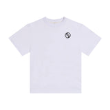 White short-sleeved T-shirt with a ribbed crew neck and a black circular Stella McCartney logo on the left chest.