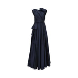 Front view of a TALBOT RUNHOF navy blue taffeta gown featuring asymmetric pleating, a sculptural shoulder detail, and a full, draped A-line skirt.