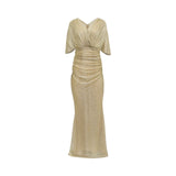 Front view of a gold metallic Talbot Runhof evening gown featuring short flutter sleeves, a V-neckline, and intricate ruching through the waist and skirt.