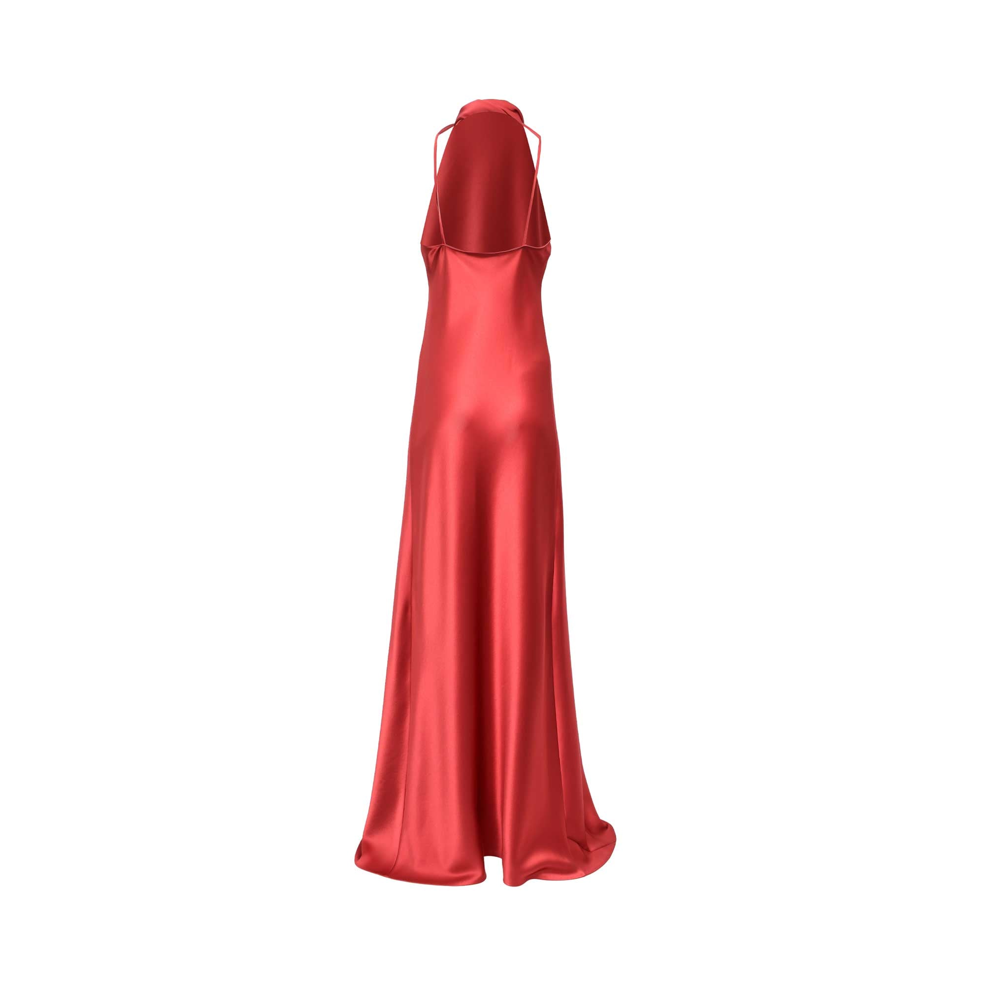 Back view of a TALBOT RUNHOF deep red satin gown showing a dramatic open back with draped cowl detailing and thin spaghetti straps.