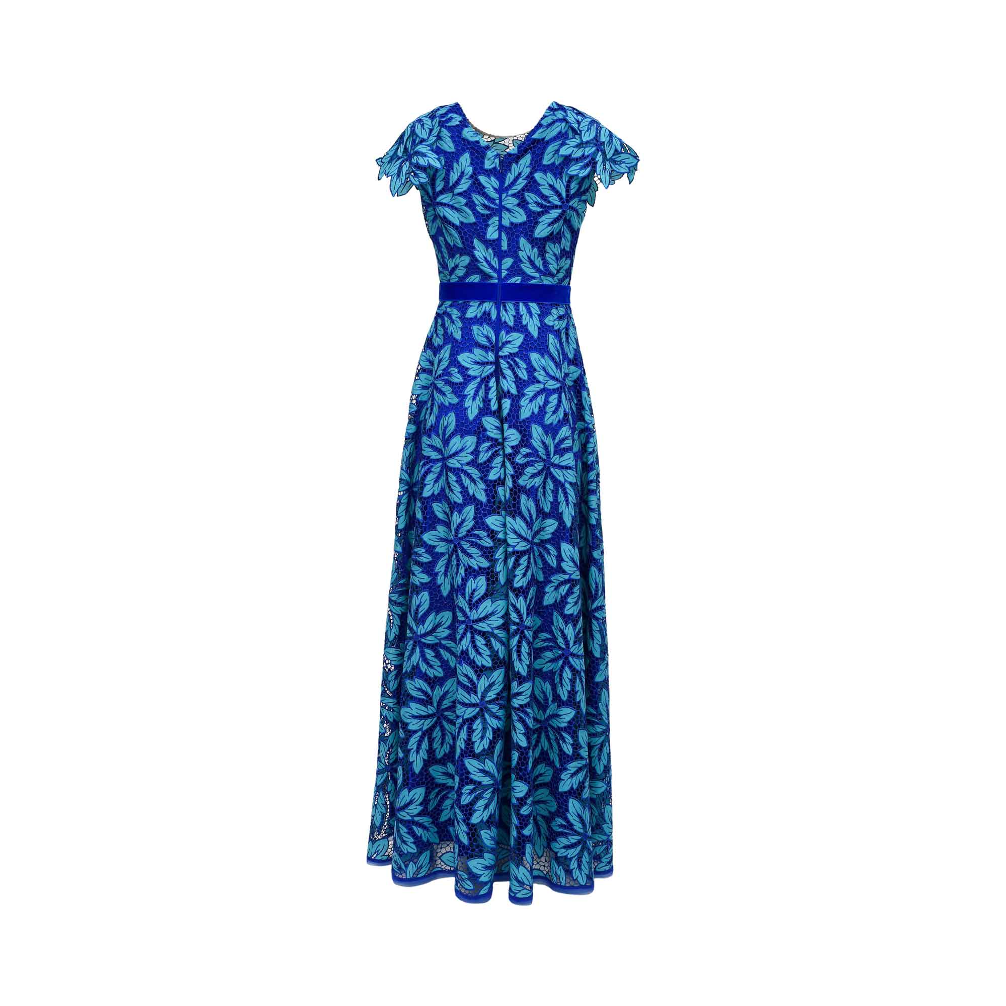 Rear view of the Talbot Runhof blue lace gown showing the V-shaped back, concealed zipper, and the graceful flow of the A-line skirt.