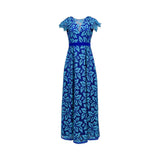 Front view of a floor-length Talbot Runhof gown in blue guipure lace featuring a leaf pattern, cap sleeves, and a velvet waistband.