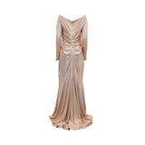 Back view of a TALBOT RUNHOF metallic rose gold gown highlighting the V-back design and central ruching that flows into a mermaid-style hem.