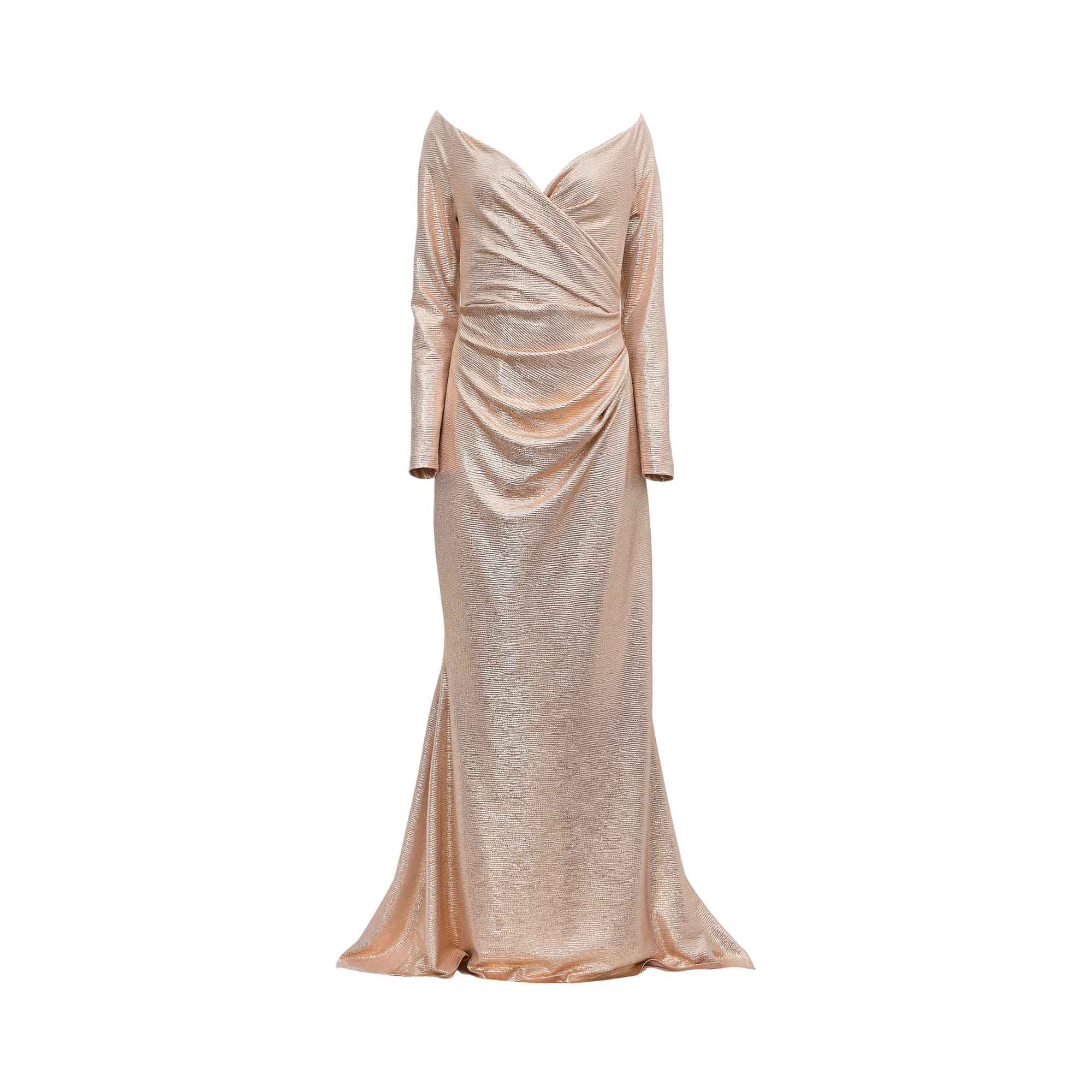 Front view of a TALBOT RUNHOF rose gold metallic floor-length gown with long sleeves, a V-neckline, and flattering ruched detailing across the waist.