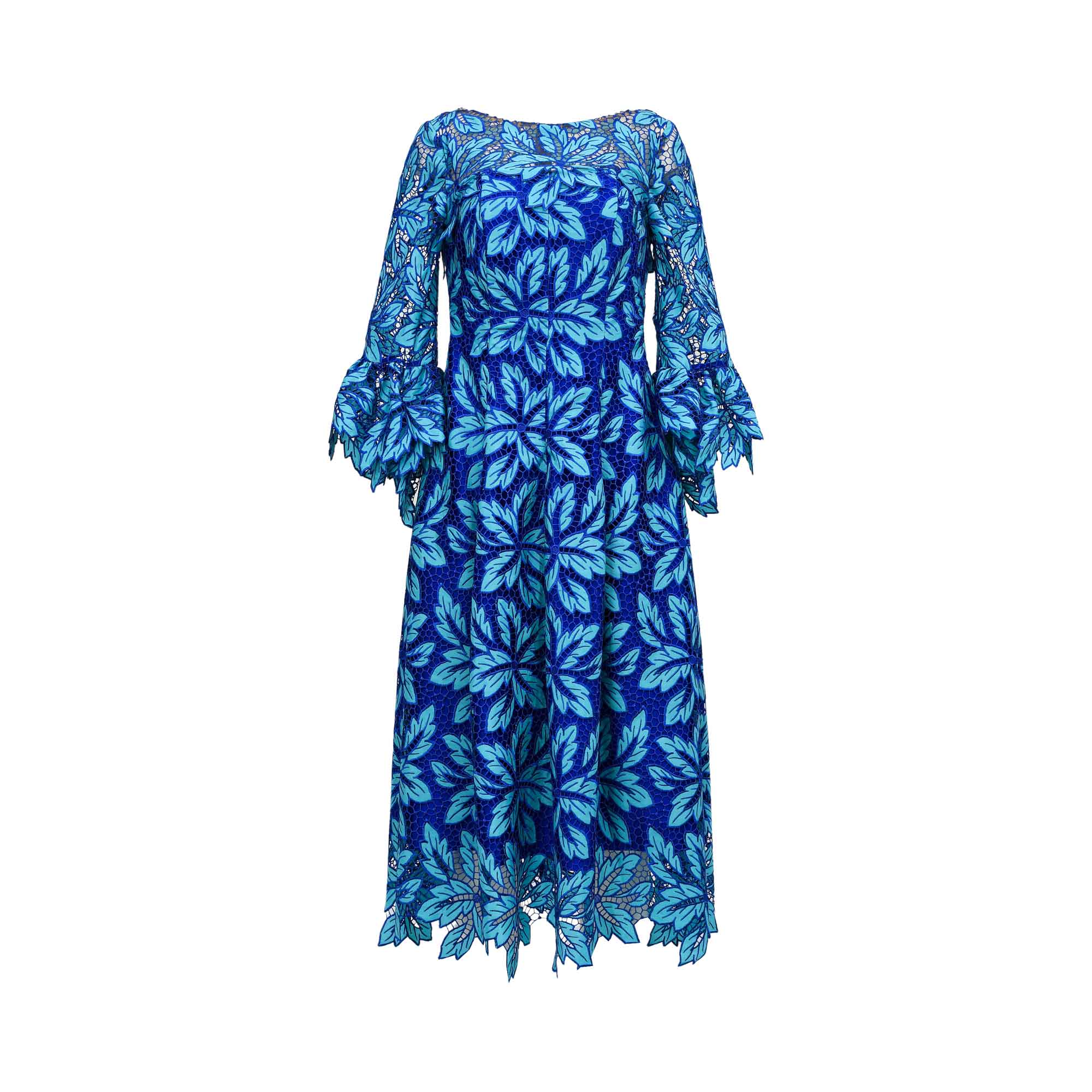 Front view of a Talbot Runhof midi dress featuring vibrant blue botanical guipure lace, boat neckline, and dramatic tiered flounce sleeves.