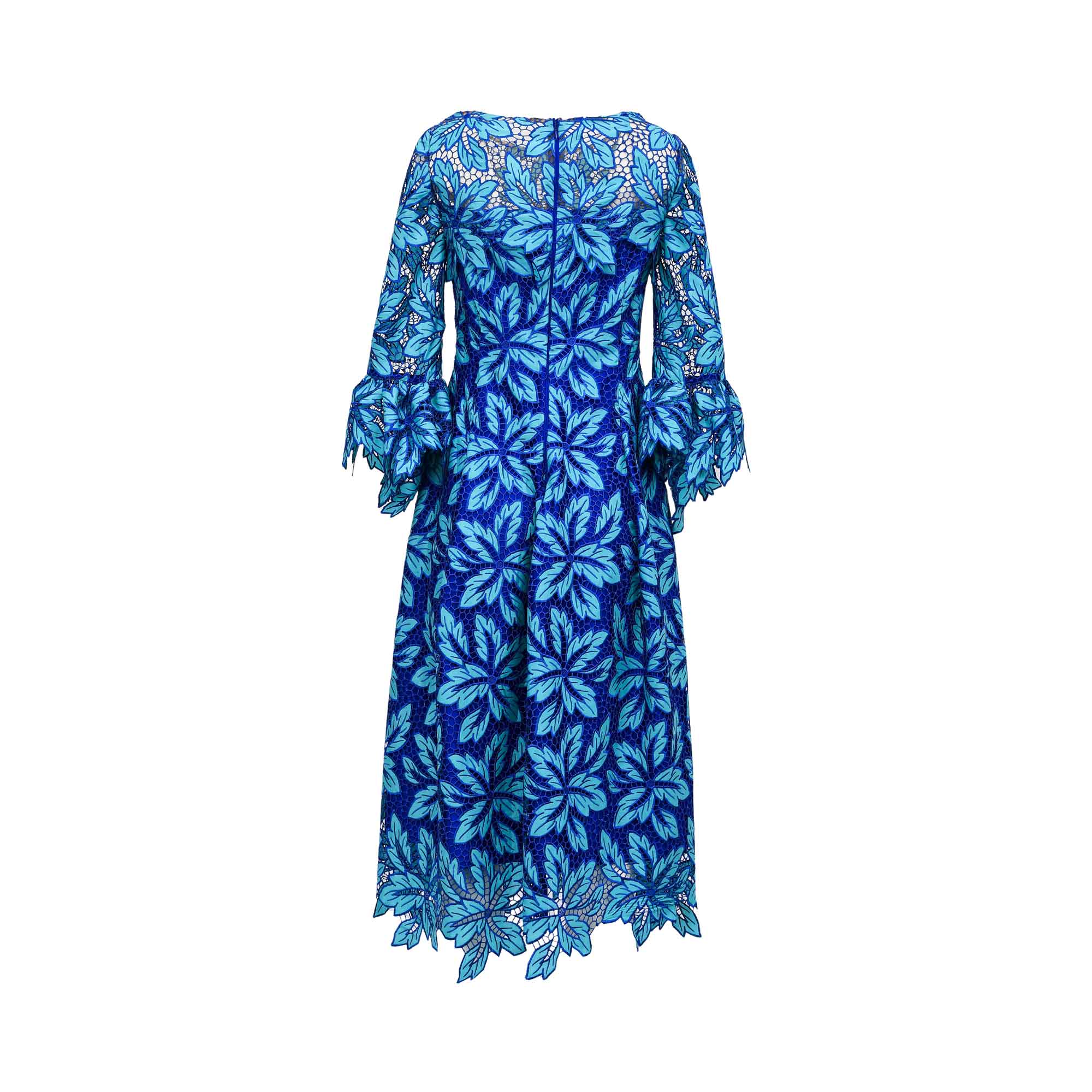 Back view of the Talbot Runhof blue lace dress showing the concealed zipper closure and the intricate scalloped laser-cut hemline.