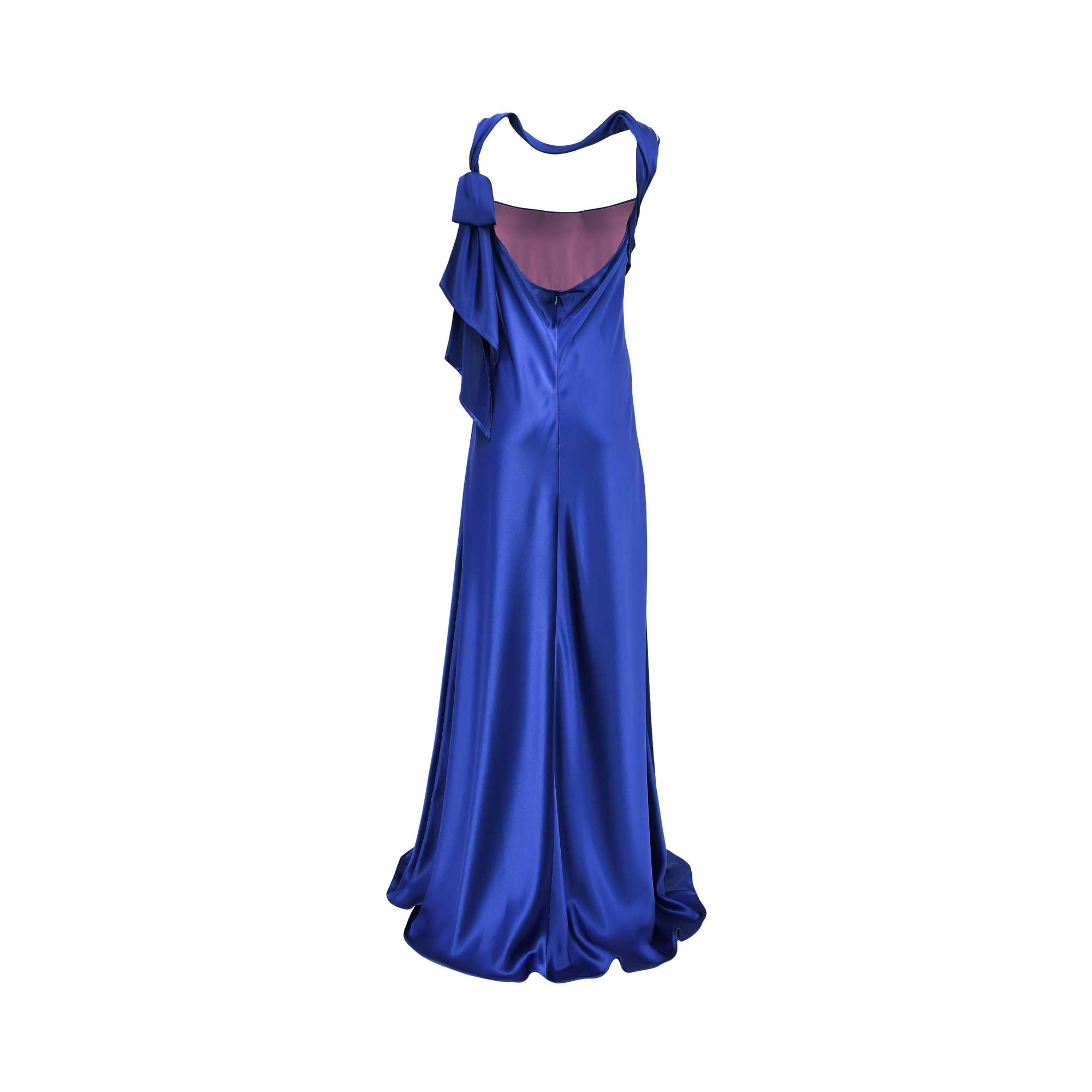 Rear view of the Talbot Runhof royal blue gown showing the low-cut back, the cascading shoulder bow, and the fluid drape of the satin fabric.
