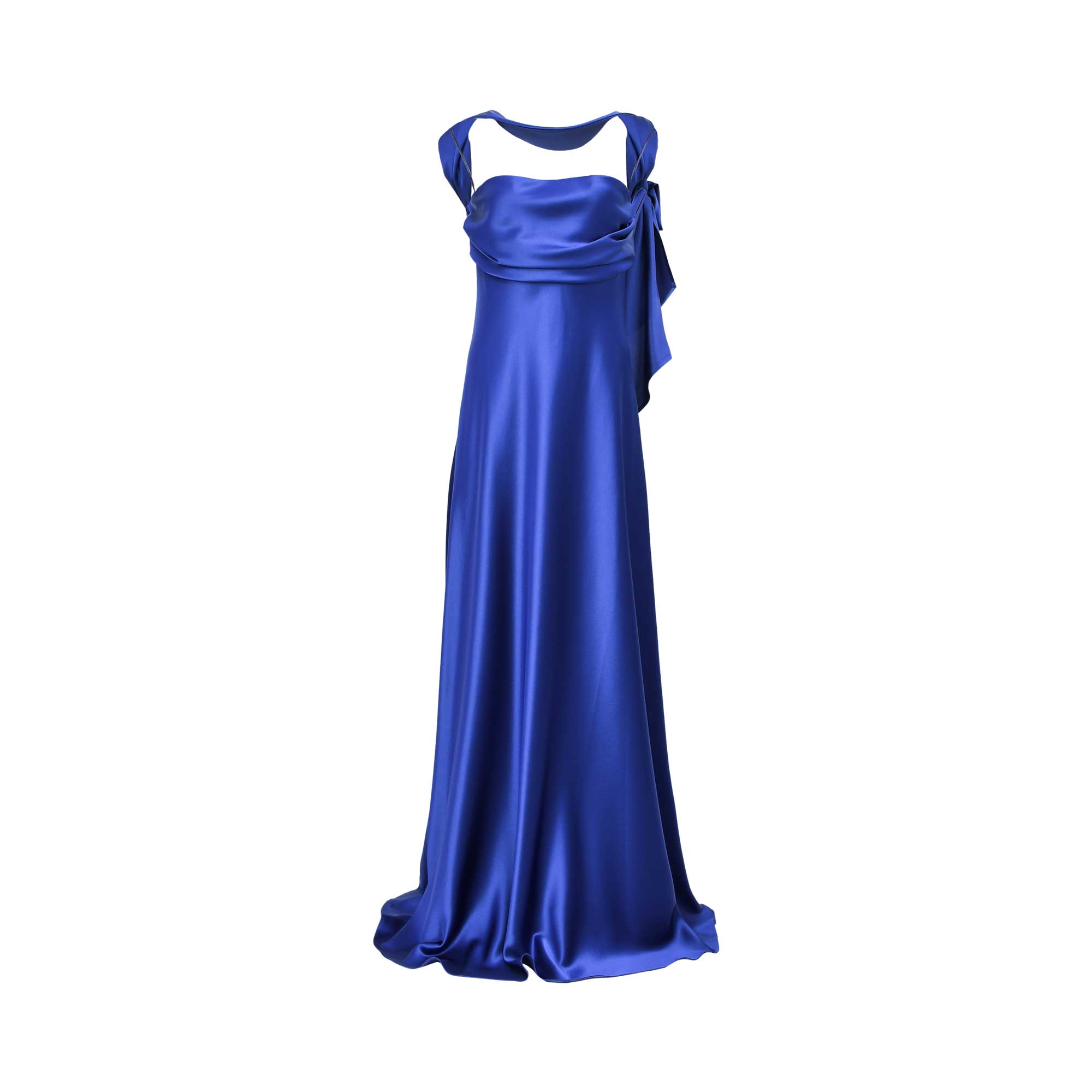 Front view of a floor-length royal blue satin gown by Talbot Runhof, featuring a draped bodice and a large decorative bow on the shoulder.