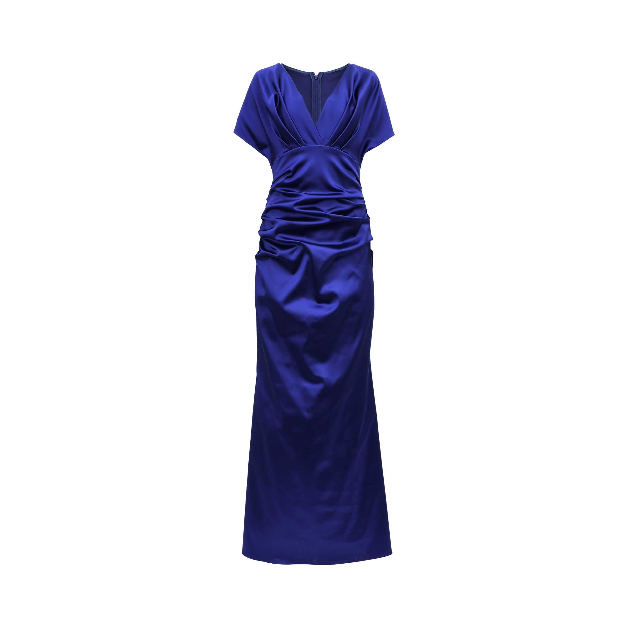 Front view of a royal blue Talbot Runhof satin gown featuring a V-neckline, intricate ruching across the bodice and waist, and a floor-length slim skirt.