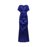 Front view of a royal blue Talbot Runhof satin gown featuring a V-neckline, intricate ruching across the bodice and waist, and a floor-length slim skirt.