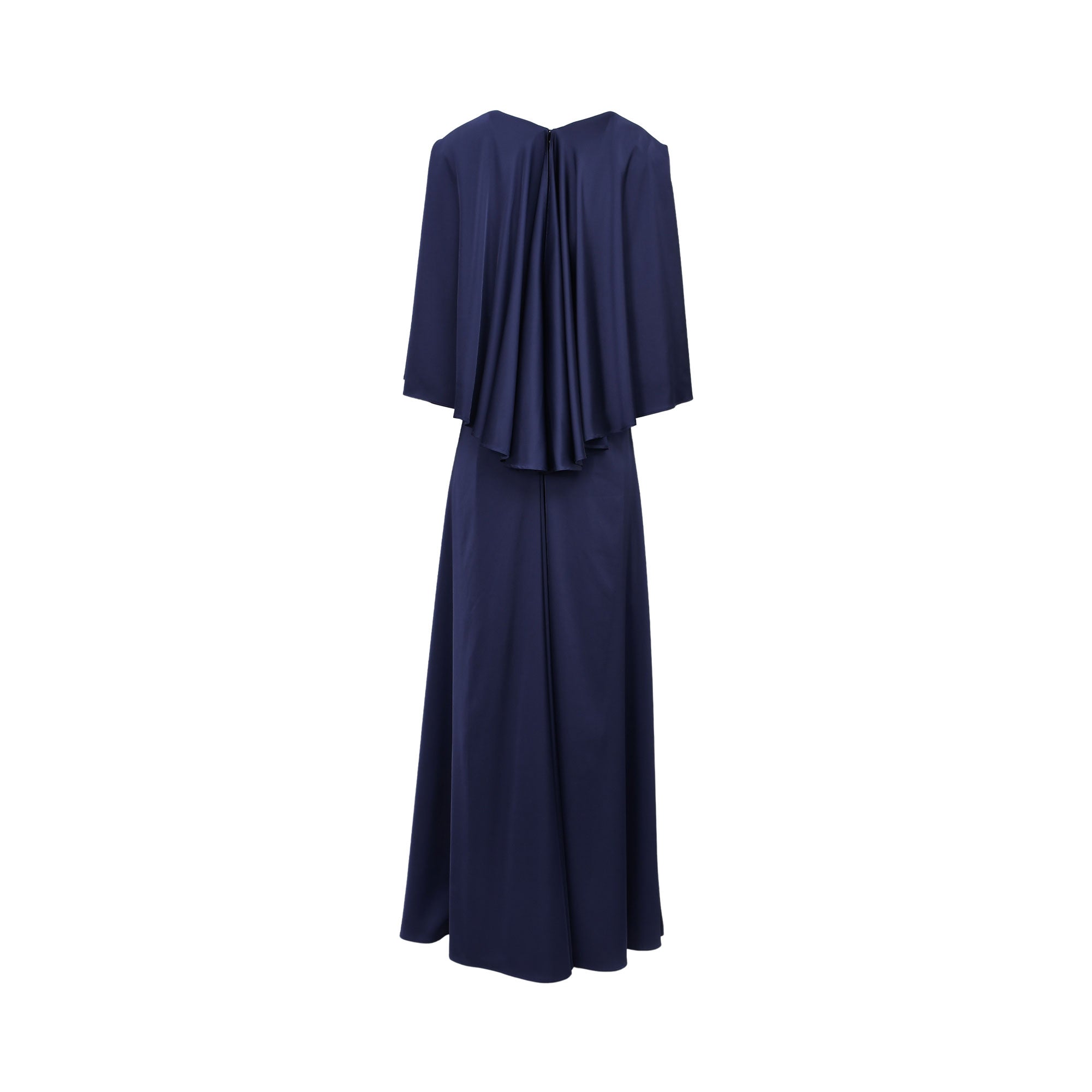 A rear view of the navy satin gown highlighting the dramatic pleated cape back detail, V-shaped neck edge, and flowing floor-length skirt.