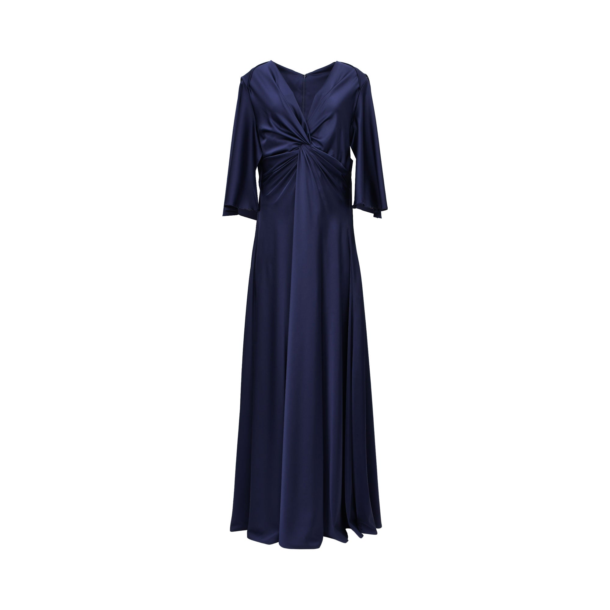 A front view of a navy blue Talbot Runhof satin gown, showing the V-neckline, central twist-knot draping at the waist, and three-quarter sleeves.