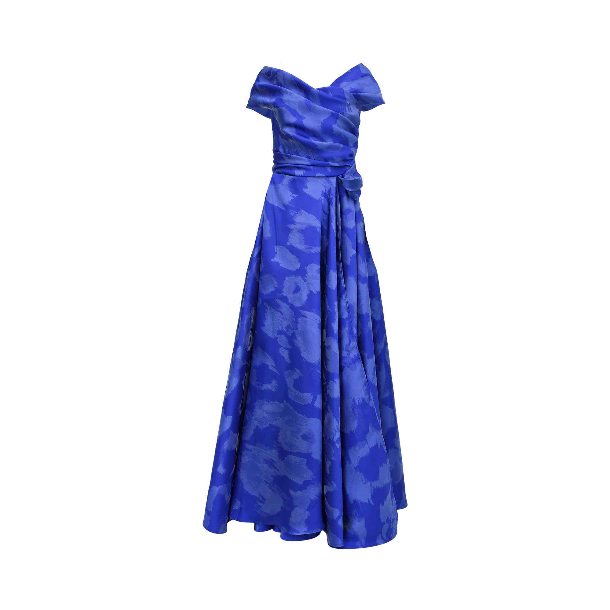 Front view of a royal blue Talbot Runhof gown in leopard-print jacquard, featuring an off-the-shoulder draped bodice and a voluminous floor-length skirt.