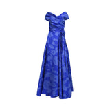 Front view of a royal blue Talbot Runhof gown in leopard-print jacquard, featuring an off-the-shoulder draped bodice and a voluminous floor-length skirt.