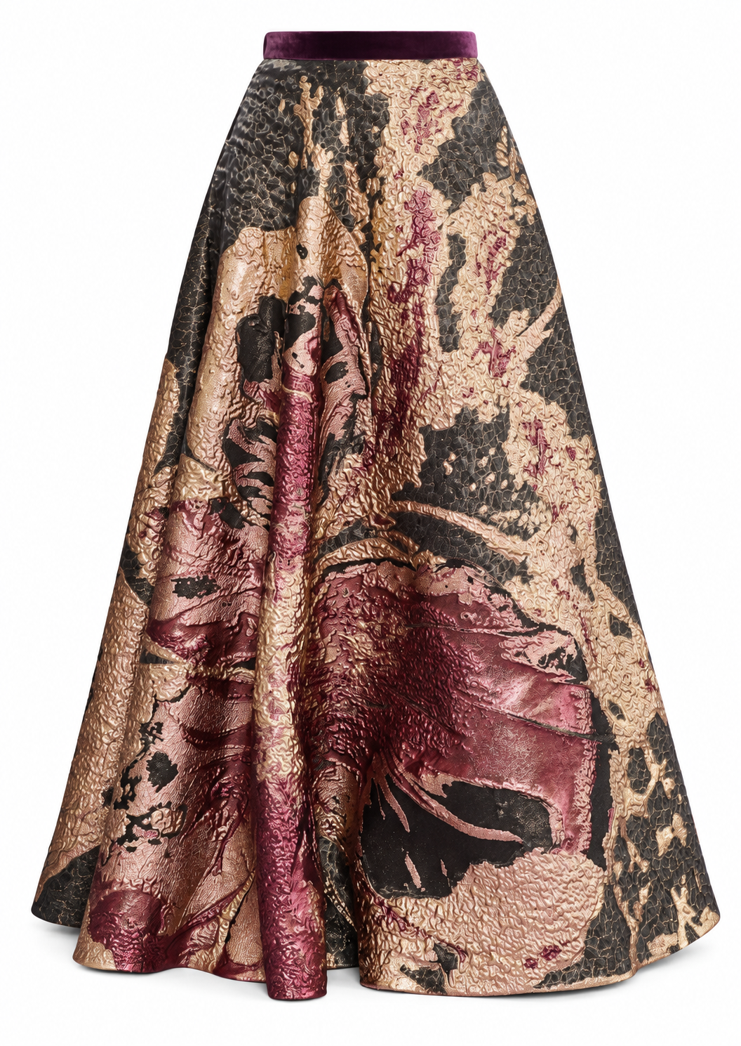 Long bronze, black, and burgundy jacquard skirt with a full A-line silhouette and a dark purple velvet waistband.