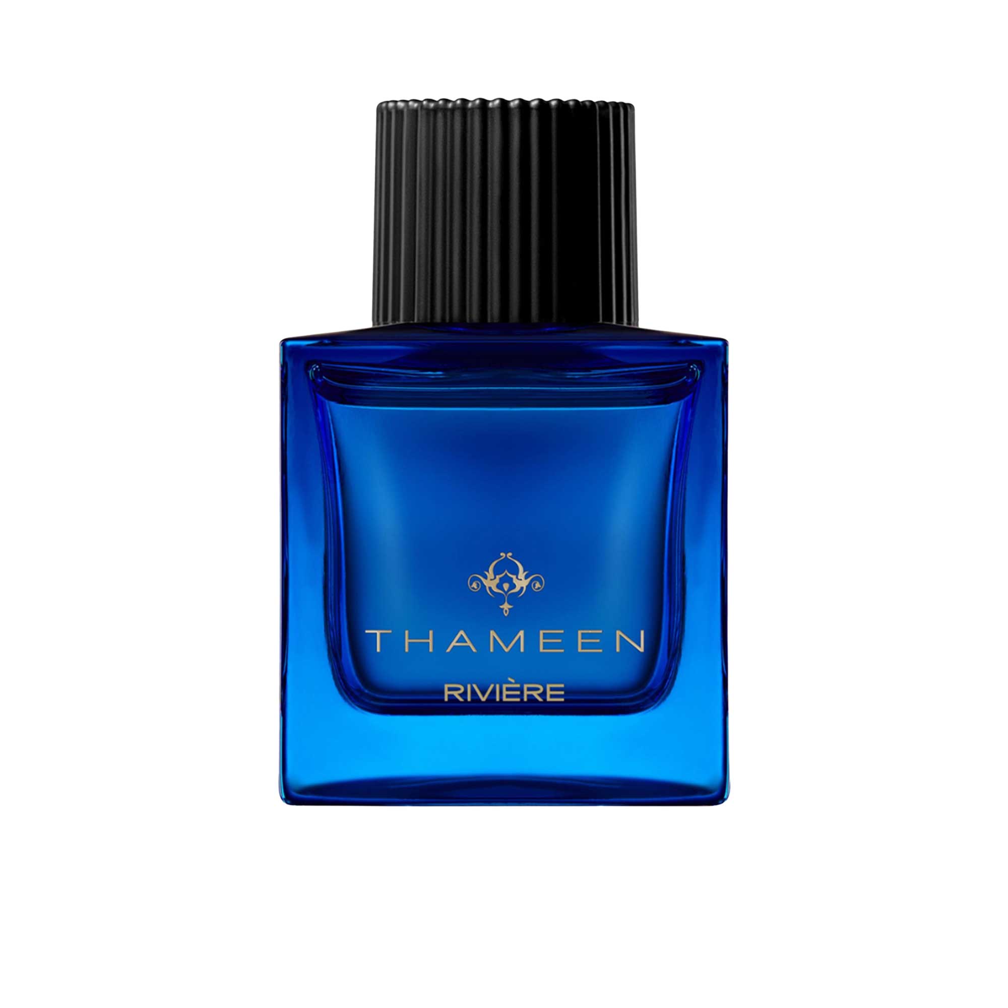 A 100ml square vibrant blue glass bottle of Thameen Rivière featuring gold lettering and topped with a textured black cylindrical cap