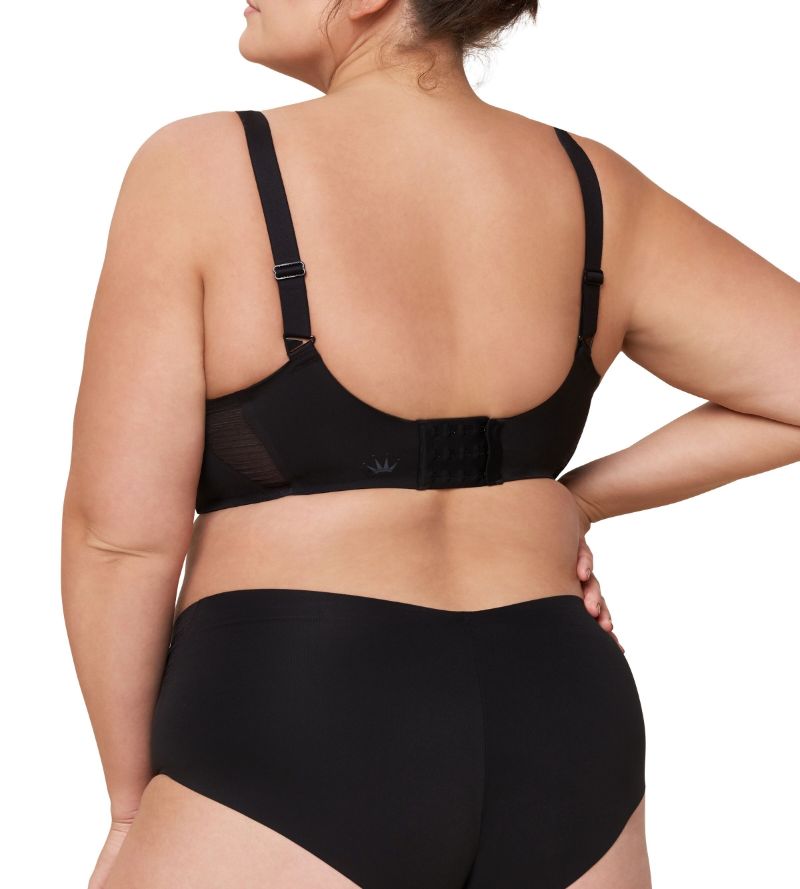 Third model back view of the Triumph Fit Smart black non-wired bra, showcasing the adjustable straps and back closure. Shop the Latest Online