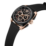 A three-quarter studio profile view of the Cerruti 1881 Cuneo watch, highlighting the brushed finish on the rose gold case lugs, the black bezel edge, the knurled crown, and the texture of the black strap.