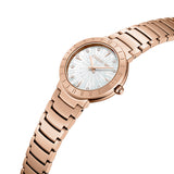 A three-quarter profile studio view of the Cerruti 1881 Filiano women's watch, highlighting the fluid contour of the integrated rose gold link bracelet and the engraved detail on the bezel.