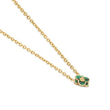 A three-quarter perspective studio shot of the gold-plated malachite flower necklace, showcasing the secure link chain attachment and the polished dimensional depth of the floral setting.