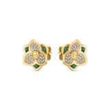 An alternate angled studio view of the E66 3VZ flower earrings turned slightly inward to emphasize the thick gold plating, the polished texture of the central monogram disc, and the structural depth of the malachite inlays.