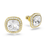 A dynamic three-quarter perspective shot of the Swarovski Una Angelic earrings, showcasing the depth of the brilliant white cushion-cut central crystal, its surrounding micro-pavé halo, and the gold-plated post mechanics from the side profile.