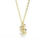 A three-quarter perspective studio view of the Swarovski Swan pendant, illustrating the dimensional thickness of the gold setting and the multi-layered placement of the white crystal stones.