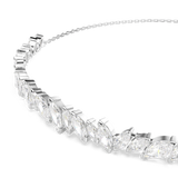 A three-quarter perspective close-up view of the Swarovski Mesmera choker, illustrating the dimensional height of the individual marquise crystal prongs and the highly reflective silver side facets.