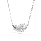A three-quarter perspective studio view of the Swarovski Vienna pendant, demonstrating the dimensional layering of the mixed-cut crystals along the curved rhodium-plated spine.