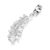 A three-quarter perspective studio view of the Swarovski Vienna feather charm, showing the dimensional arrangement and high-wattage sparkle of the multi-cut clear crystals.
